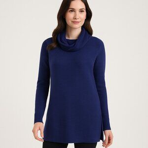 Adrienne Vittadini Naval Blue Cowl Neck Long Sleeve Tunic Sweater Womens L NWT